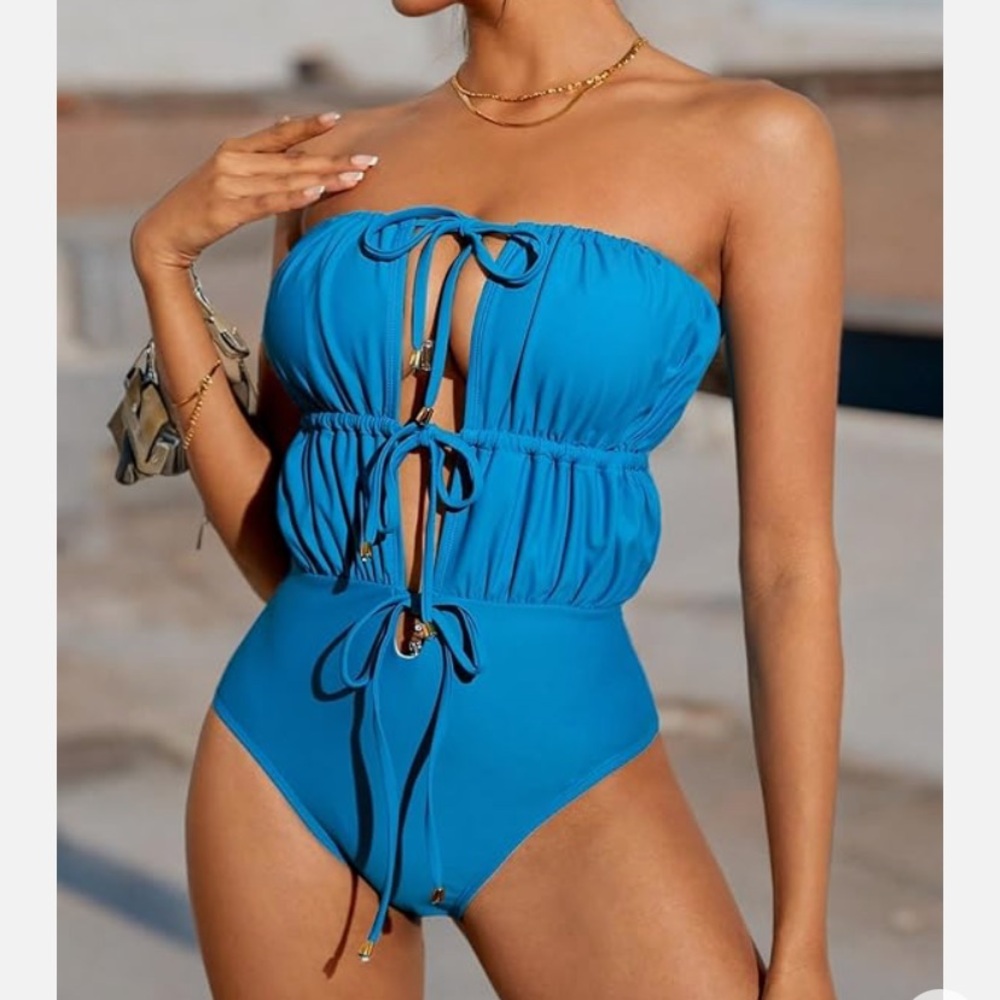 NWT No Label Size M Women’s Solid Strapless Blue Drawstring Swimsuit